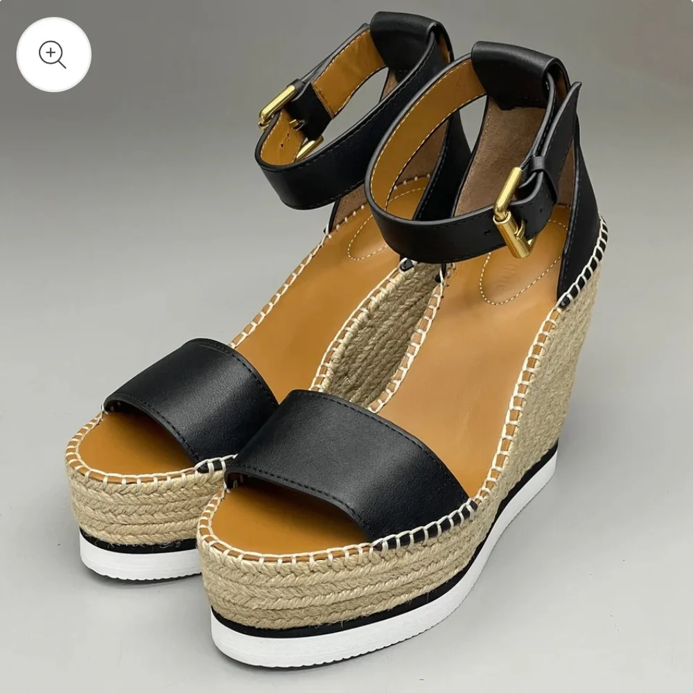 SEE BY CHLOÉ Glyn Wedge Espadrilles Black Leather sandals - Picture 2 of 12